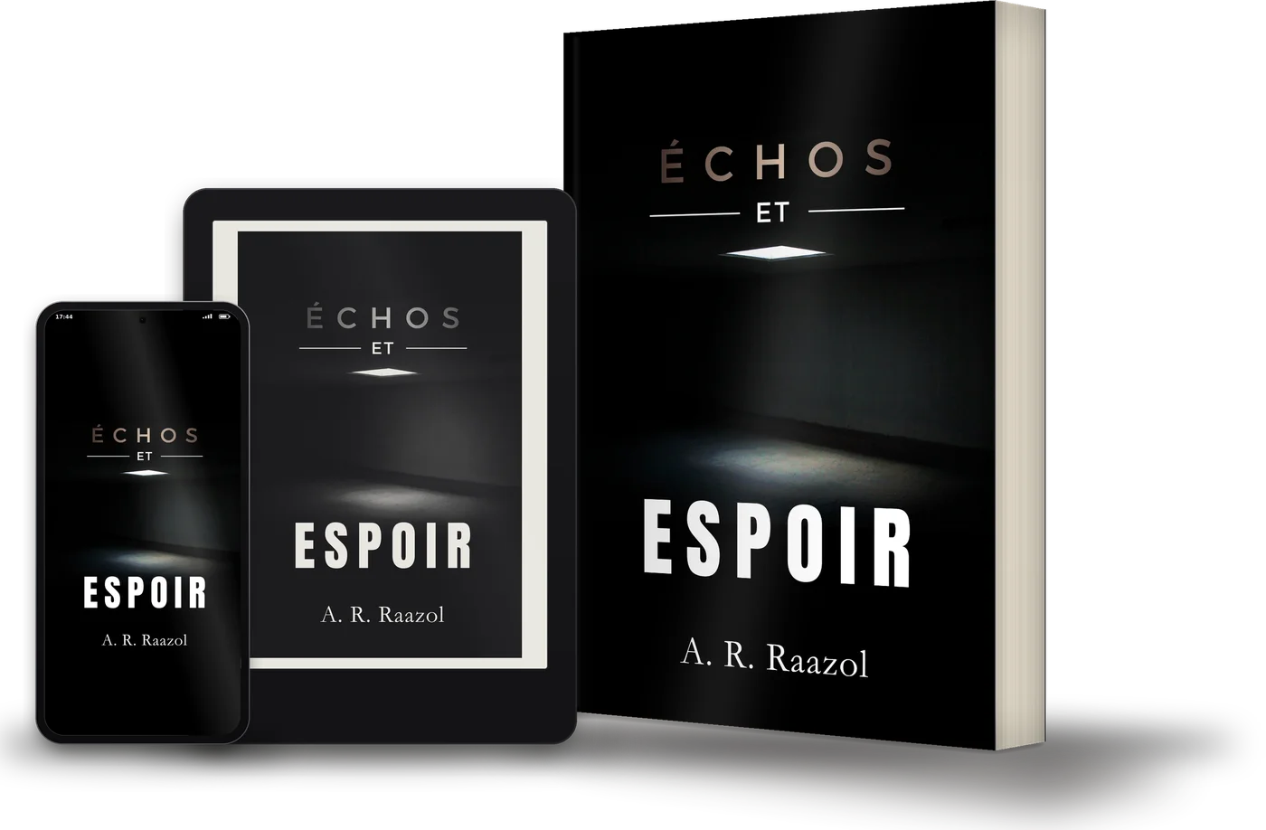 Échos et Espoir en livre broché, sur une liseuse Kindle et sur un téléphone.