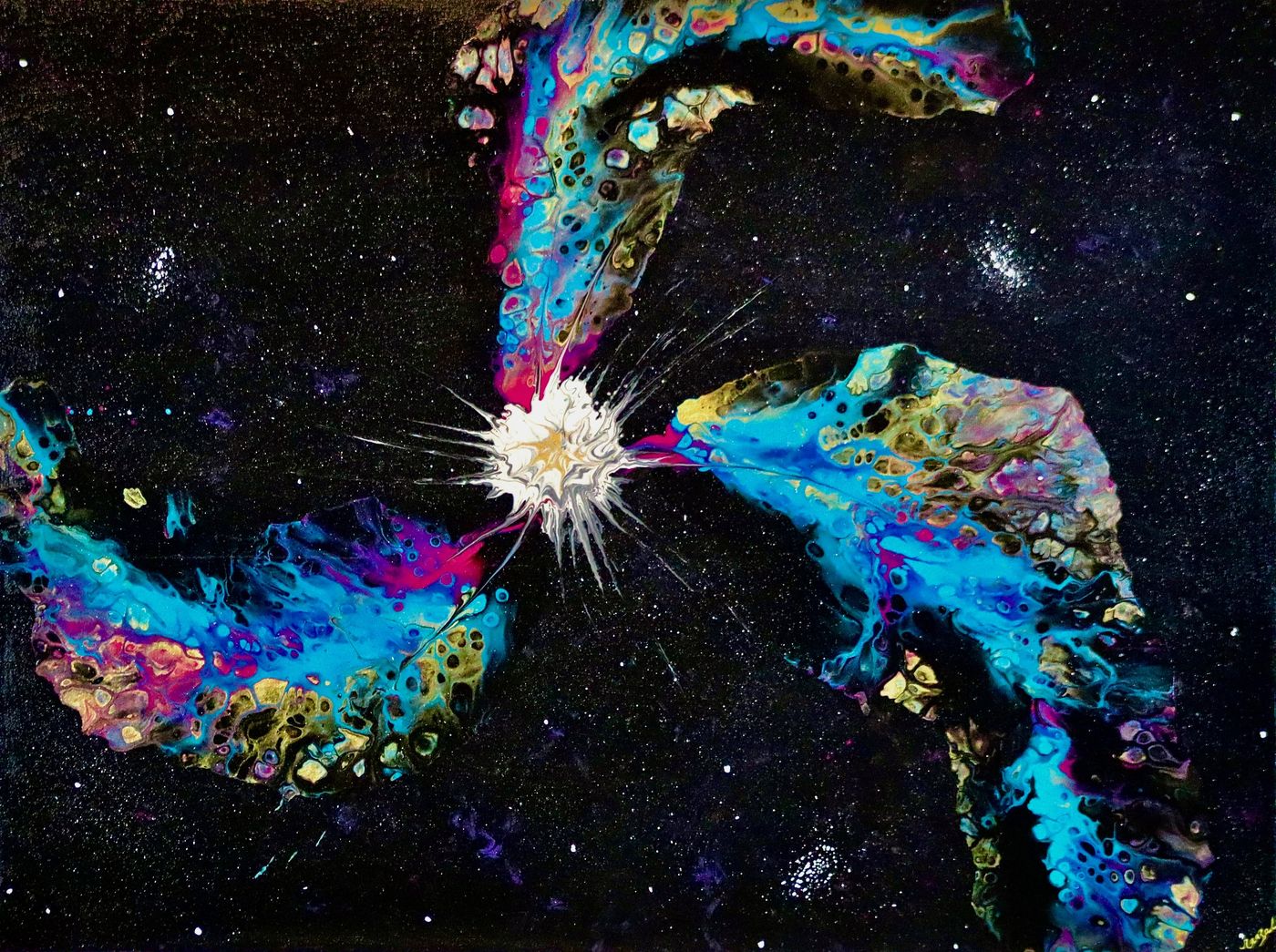 Supernova : une explosion blanche qui projette des bras turquoise, magenta et or sur un noir profond